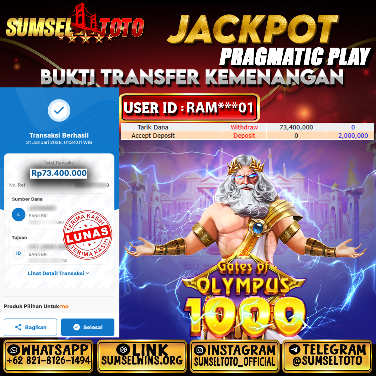 SUMSELTOTO JACKPOT SLOT GATES OF OLYMPUS 1000 Rp.73,400,000.,- LUNAS